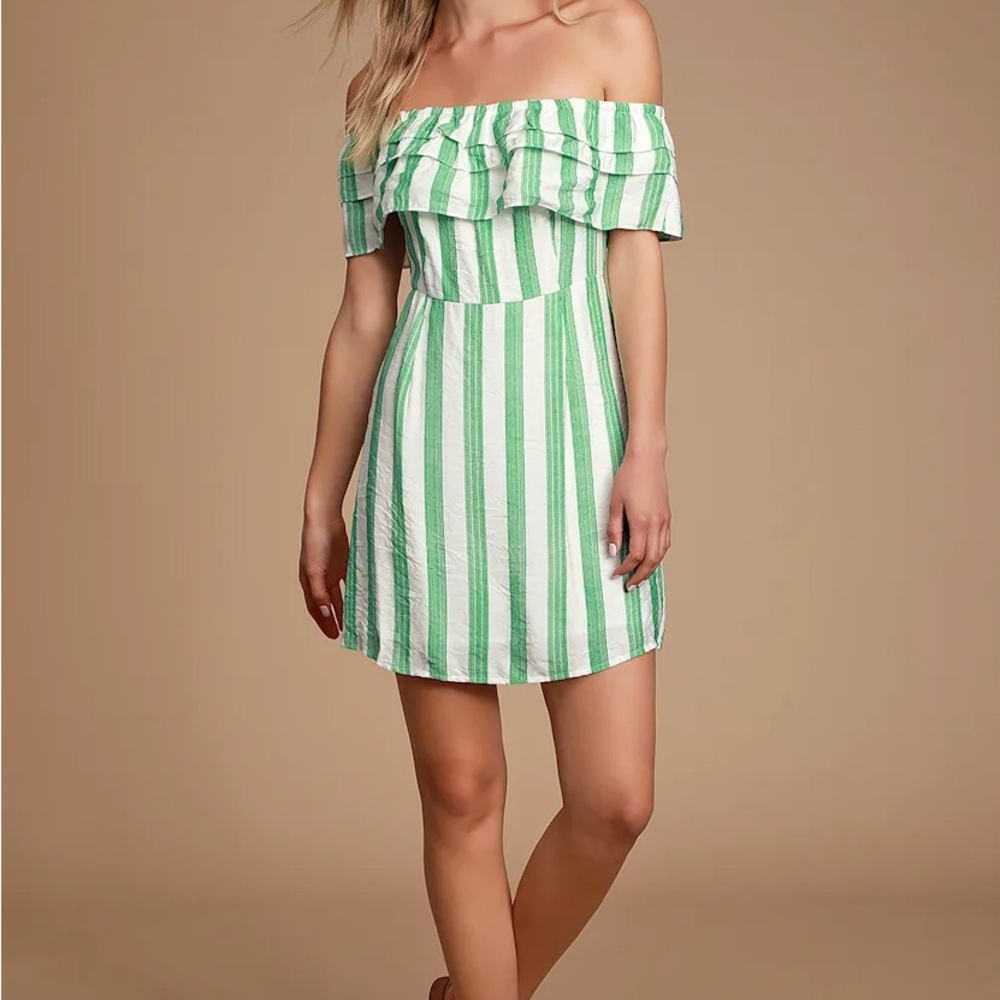 Lulu's Persephone Green and White Striped  Off the Shoulder Mini Dress